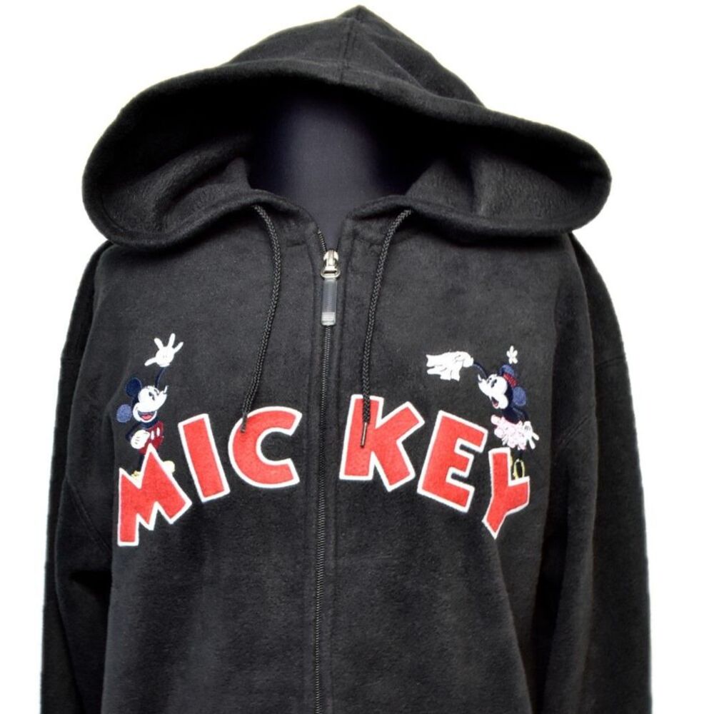 Disney Hoodie Mickey Minnie Mouse Womens Small Zip Front Black Plush Embroidered